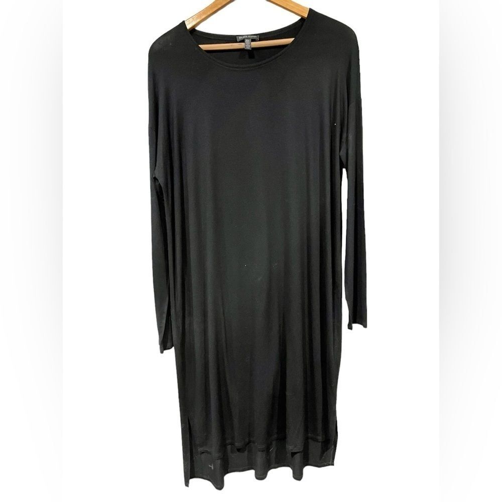 Eileen Fisher Long Sleeved Midi Length Dress Black Stretch Viscose Spandex Med